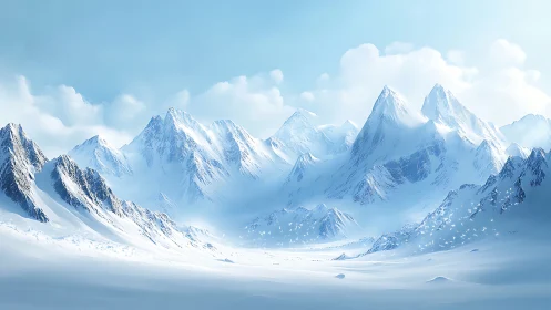 Glaciated alpine basin under diffuse polar daylight rendering.