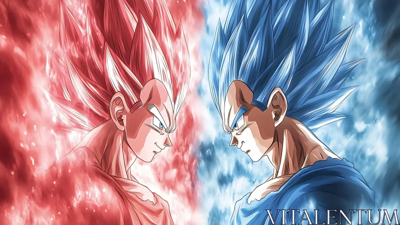 Dual energy warriors confront in mirrored red and blue auras