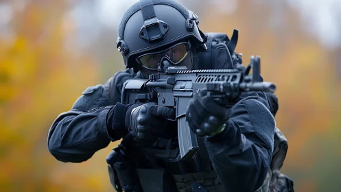 Tactical operator aims rifle in autumn training exercise.