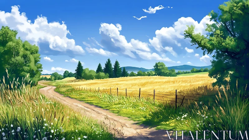 Country dirt road curves past sunlit summer wheat fields.