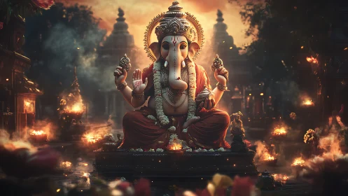 Ganesha idol in glowing temple courtyard during evening ritual.