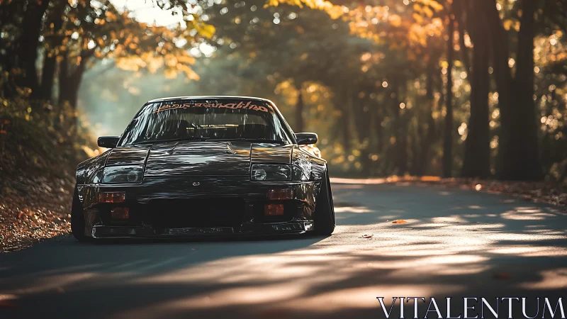 Sunlit forest road meets low-slung classic drift car.