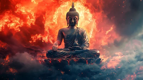 Bronze Buddha statue amid red fire and surrounding smoke.