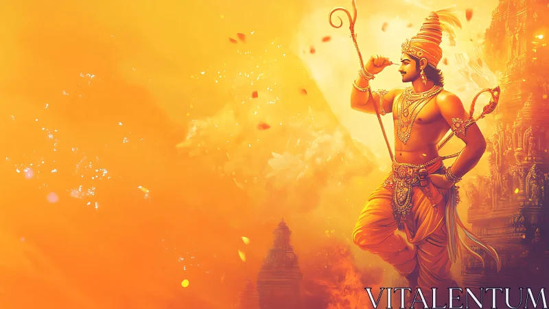 Digital painting of heroic deity in luminous orange field.
