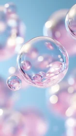 Iridescent soap bubbles float against soft blue backdrop