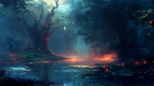 Glimmering forest pool glows softly with quiet enchanted light