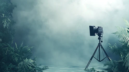 Studio camera waits in misty jungle set for cinematic shots