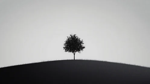Minimalist solitary tree silhouette on curved horizon line.