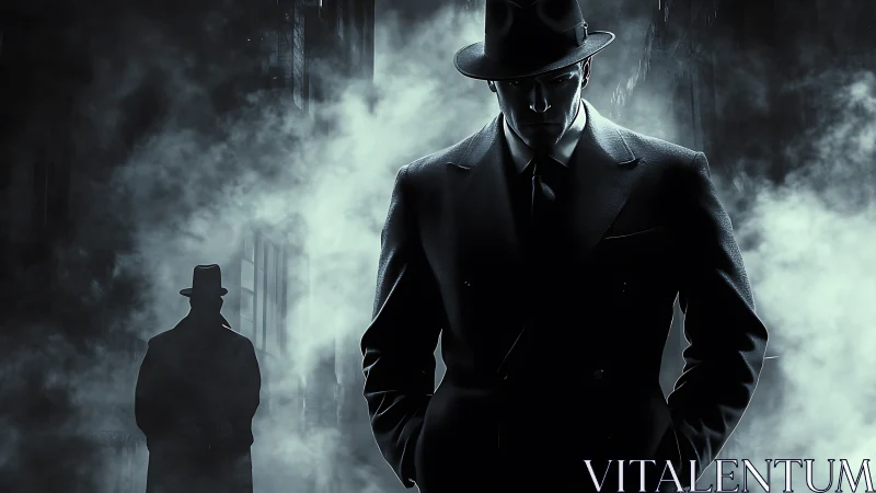 Noir detective in shadowed alley confronts looming stranger.