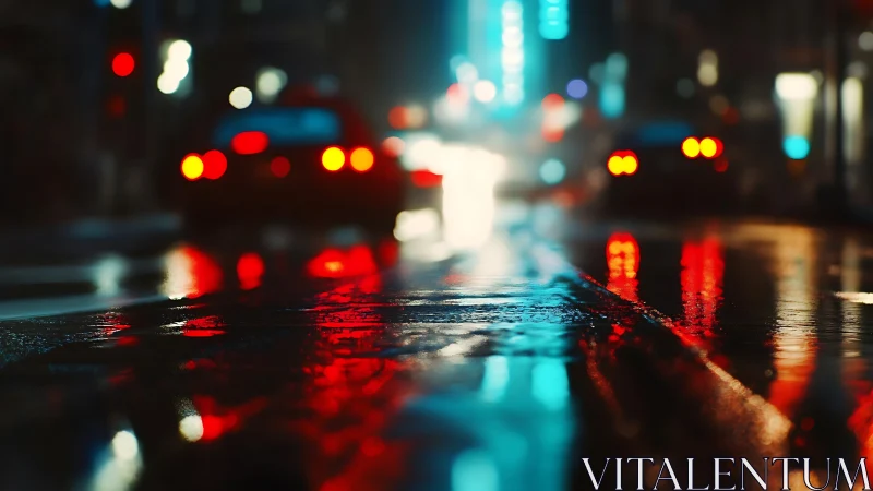 Rain-soaked city street renders neon bokeh with cinematic depth