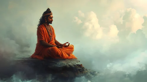 Digital painting of meditative sage on aerial cliff plateau.