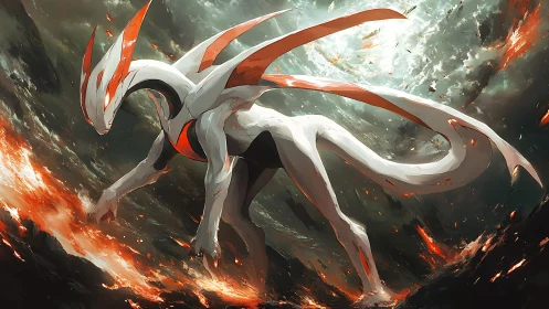 Large white reptilian creature traverses fiery abstract terrain