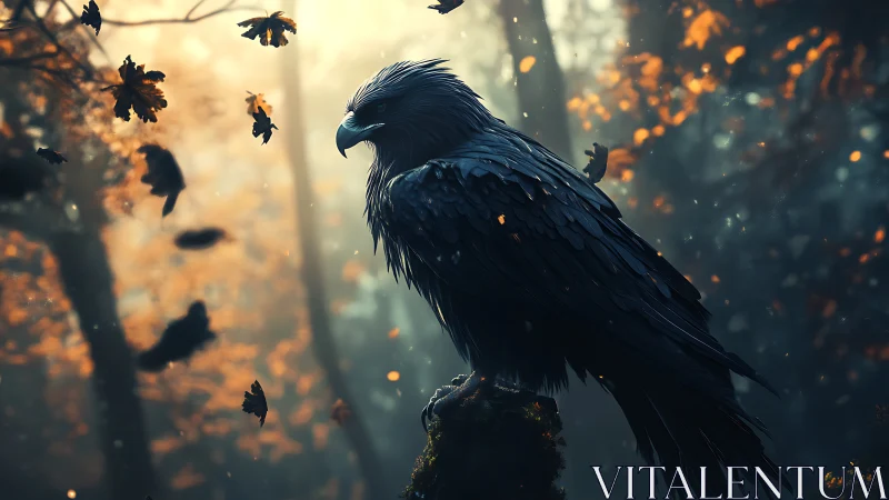 Majestic Black Eagle in Enchanted Autumn Forest, Cinematic Art.