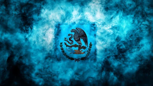 Mexican national emblem centered in blue smoke field.