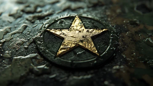Wet metal star emblem reflects light on textured surface