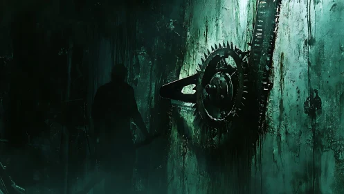 Corroded industrial gear wall with silhouetted figure in toxic haze