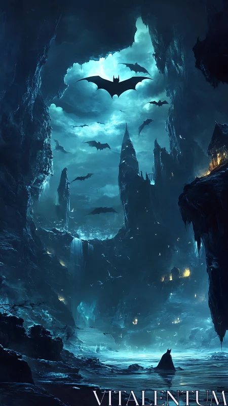 Dark cavern skyline swarms with luminous cyan bats