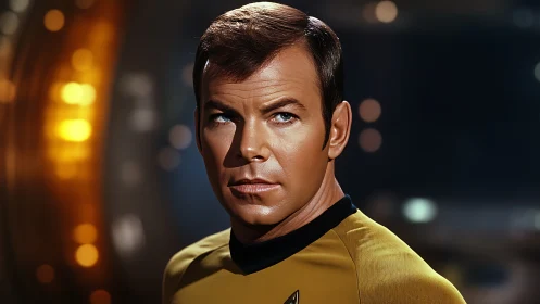 Stoic starship officer gazes ahead under warm bridge lights