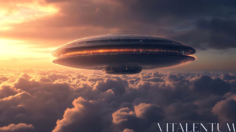Futuristic disc-shaped spacecraft hovers above dense clouds