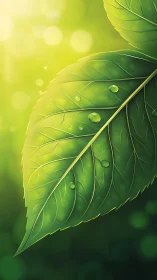 Sunlit green leaf macro with dewdrops and soft bokeh glow