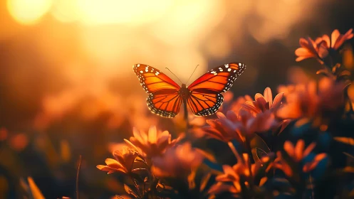 Monarch butterfly glows above sunlit orange garden flowers.