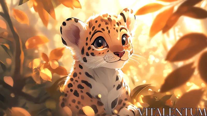 Young Leopard Cub Surrounded by Golden Autumn Light.
