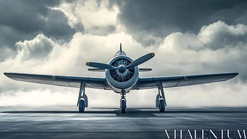 Proud vintage propeller plane waits calmly on misty runway