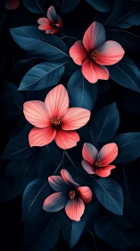 Coral blooms dance through indigo night in luminous botanical reverie