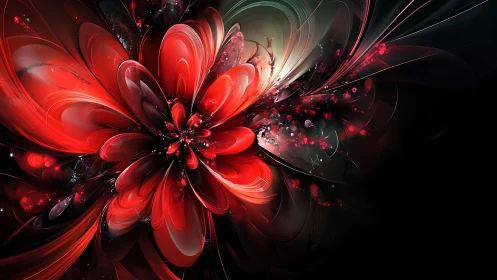 Red abstract fractal flower against deep black background.