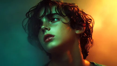 Soft Features Glow Against Chromatic Dual-Tone Background.