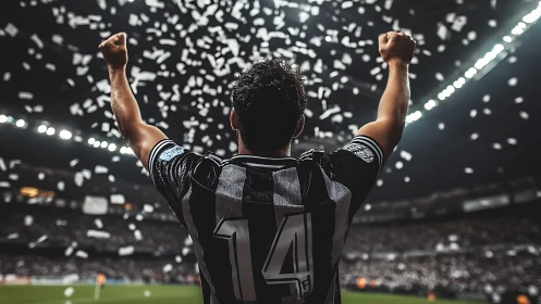 Soccer fan celebrates triumph beneath a storm of confetti