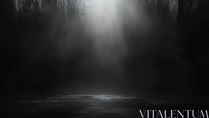 Volumetric shaft of light penetrating abyssal cavern void.