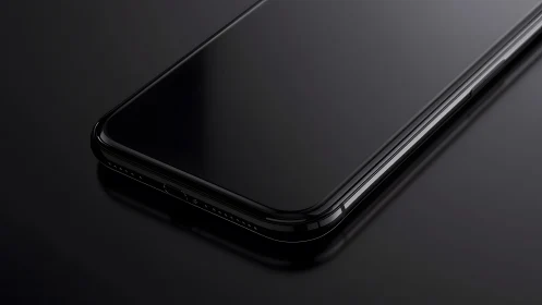 Sleek modern smartphone on black reflective surface, minimal style.