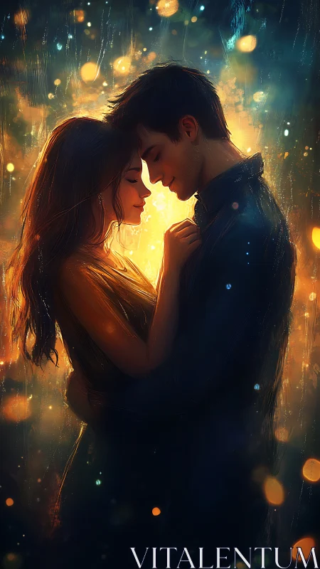 Silhouetted couple embrace within luminescent bokeh and light rays