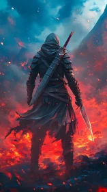 Hooded bladewalker strides through molten twilight battlefield.