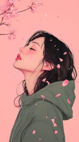 Profile portrait under cherry blossoms in soft pink hues.