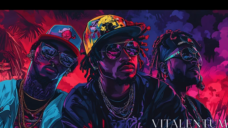 Bold urban trio glows under neon lights with confident style