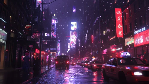 Rain soaked neon avenue humming with late night stories.