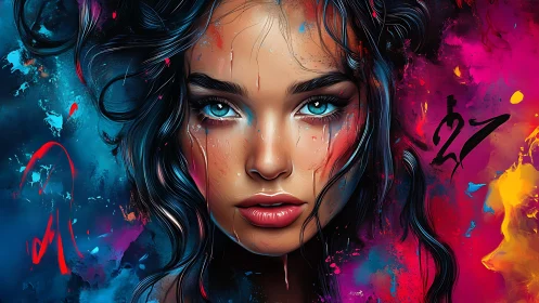 Hyper-detailed female portrait merges realism with neon pigment drips