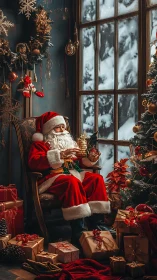Child in Santa suit resting by window in cozy Christmas room.
