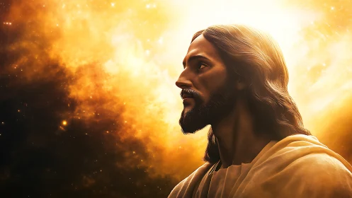 Radiant spiritual figure against blazing cosmic light background.