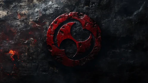 Red triskelion emblem on dark textured metallic surface.