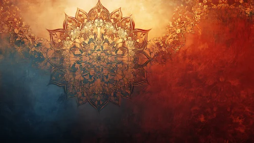 Ornate mandala on textured blue and orange gradient wall.