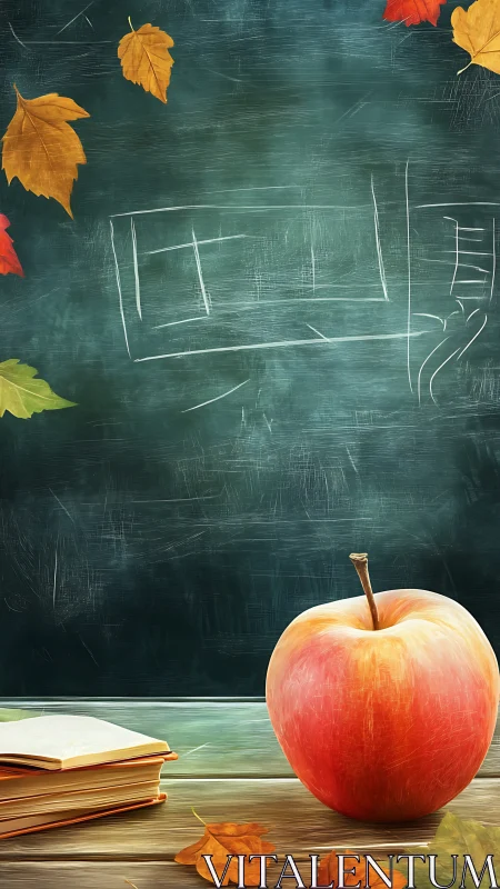 Red apple and books rest on wooden desk before chalkboard