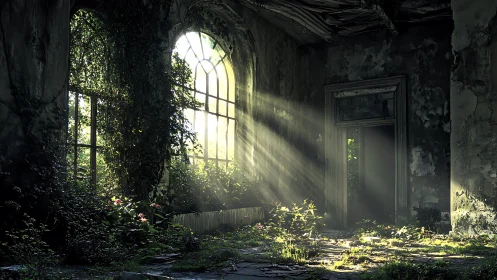 Sunlit overgrown interior with arched windows and decayed walls