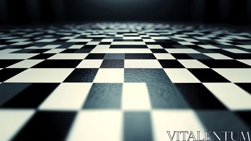 Checkerboard floor recedes into soft blurred geometric depth