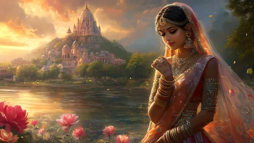 Ornate bride in sunset sari before riverside temple complex