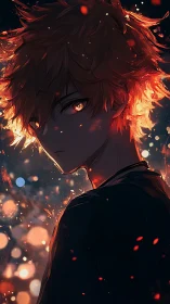 Fiery haired youth framed by glowing embers and bokeh light.
