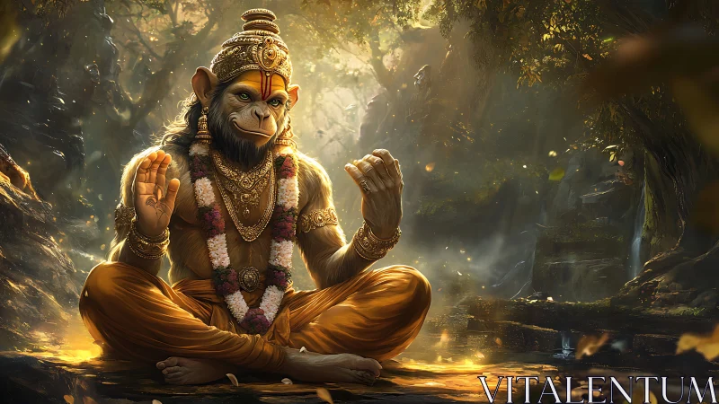 Serene monkey sage meditates in a golden forest sanctuary