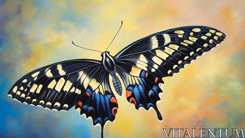 Graceful butterfly gliding across a dreamy pastel sky.